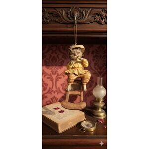 MMA Anthropomorphic Cat on Rocking Chair Ornament Yellow Outfit Vintage Style